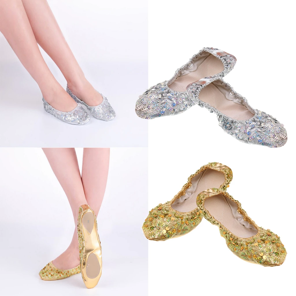 Prettyia 4x складные женские балетные туфли для танца живота на плоской подошве золотистые/серебряные