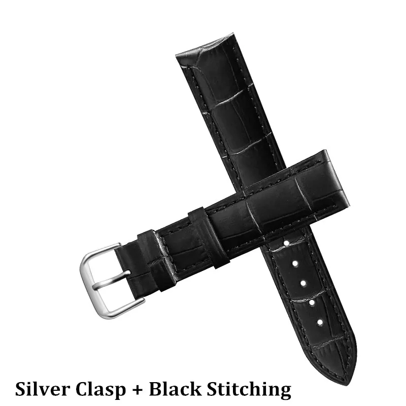 Silver Clasp Black B Ремешок для часов из натуральной кожи 12, 14, 16, 18, 20, 22 мм, универсальный ремешок с пряжкой, ремешок для наручных часов для брендовых часов Tissot Seiko - Цвет ремешка: Silver Clasp Black B