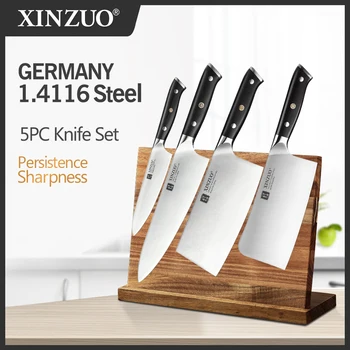 

XINZUO 5pcs Knives Set with Knife Holder Stainless Steel Chef Utility Bone Cleaver Knives Cooking Tools with Ebony Handle