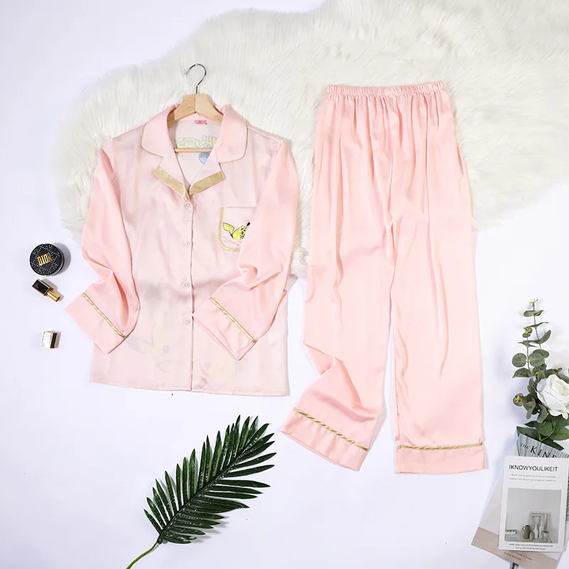 

2020 Pajamas Women's Imitated Silk Fabric Long Sleeve Trousers Cartoon Printed Two-Piece Set Spring New Style Cardigan Home Autu