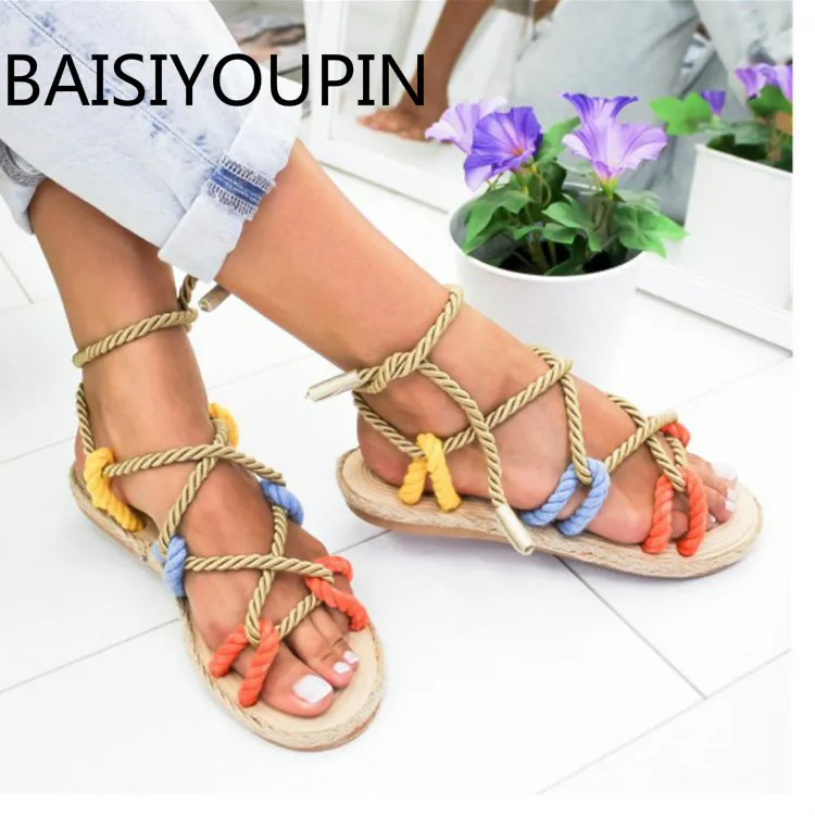 

Women Sandals 2019 Rome Cross Tied Hemp Rope Flats Flops Woman Sandals Casual Flats Shoe Peep Toe Women Shoes Sandalias Mujer