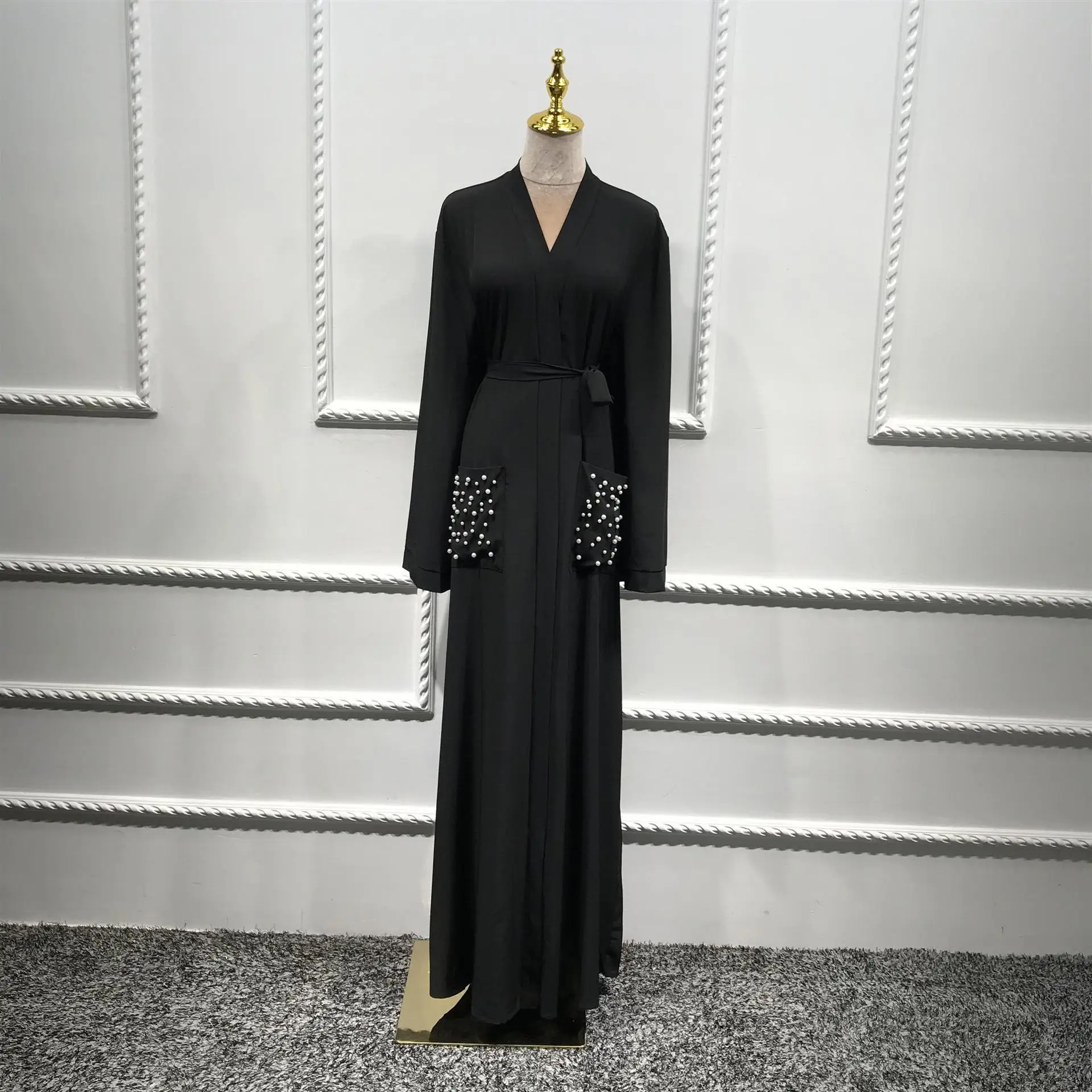 Дубай abaya открытый передний кардиган мусульманские женщины Кимоно длинное платье-Кафтан Jilbab Исламская одежда бисерные карманы модные платья