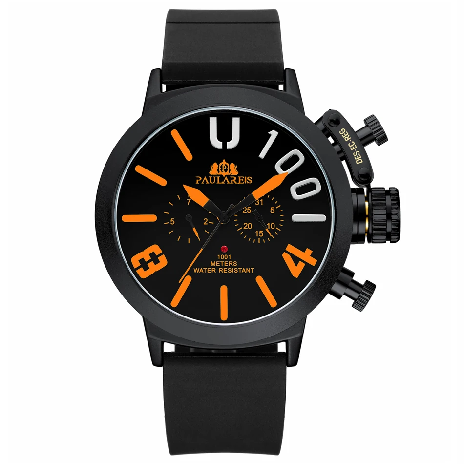 Мужские автоматические механические часы с резиновым ремешком, черный, серебристый чехол для лодки, оранжевый, синий, желтый, серый, классические часы U - Цвет: Black Orange
