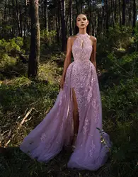 Lavender Overskirts Lace Evening Dresses Beaded Keyhole Neck Split Prom Gown With Detachable Train Long Formal Party Gowns