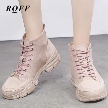 

RQFF 2019 Ankle Boots Women Canvas Lace Up Basic Round Toe Med Heel Spring Autumn Shoes Woman Casual Beige Pink Martin Boots