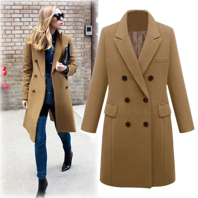 Khaki Осенне-зимнее женское пальто с отворотом и длинным рукавом, повседневное шерстяное пальто, шерстяное пальто, однотонное длинное пальто на пуговицах - Color: Khaki