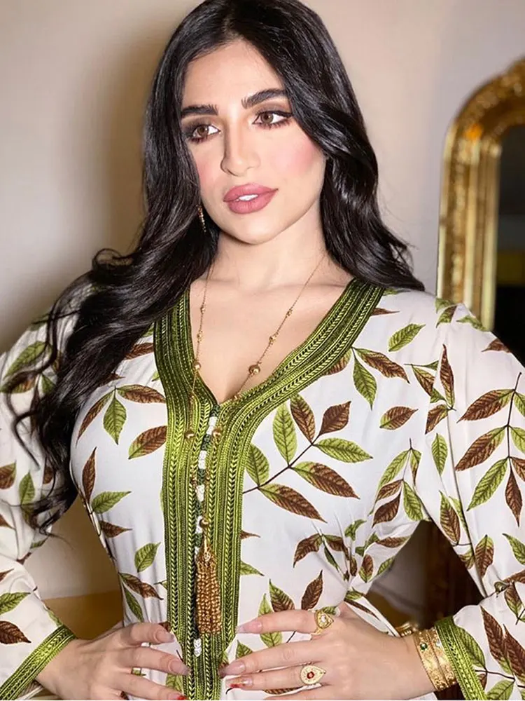 

Длинные платья с принтом листьев кафтан джалабия для женщин плетеная мусульманская Арабская свободная абайя ислам Дубай залив Ближний Восток абайя Рамадан