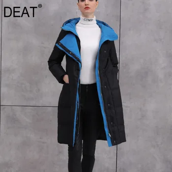 

DEAT 2020 new winter turtleneck full sleeves fake two pieces hooded zippers straight knee length downcoat female jacket WO