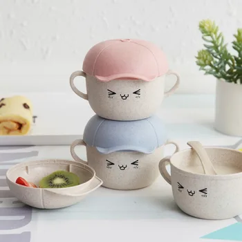 

2pcs/set Wheat Straw Bowl Children Baby Cartoon Tableware Set Baby Dinner Plate Baby Training Bowl Spoon for Kids