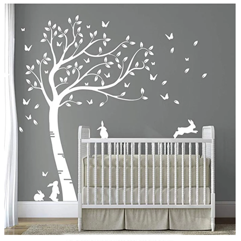 

White Large Tree Bunny Home Wall Decor Murals Decal DIY Self-Sticking Leaves Butterfly Cute Baby Nursery Hot Wall Sticker LC1665