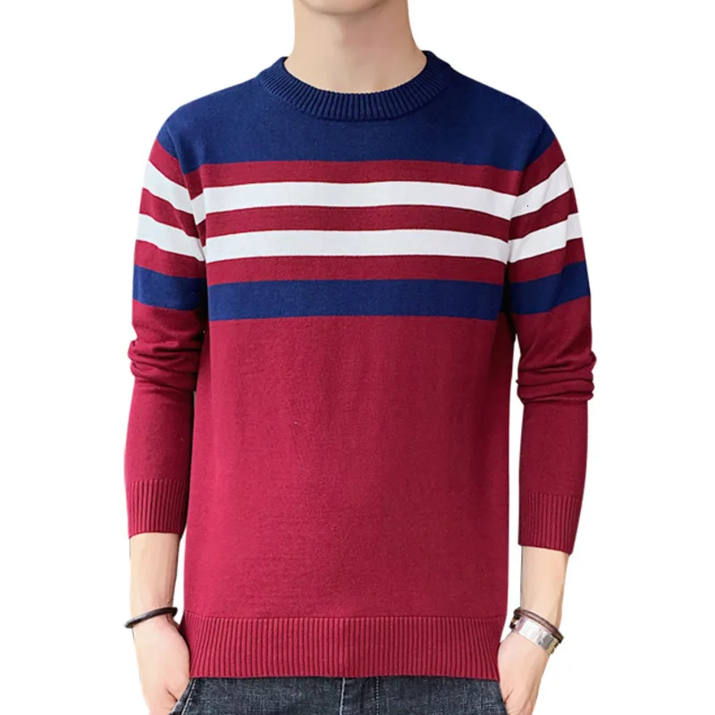 UYUK2109 Autumn And Winter New Stripe Hit Color Round Neck Temperament Quality Fashion Slim Men's Sweater Clothes Homme  Cotton