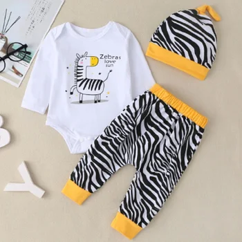 

Baby Boys Clothing Autumn Clothing Set Cartoon Printed Round Collar Long Sleeves Romper Zebra-Stripe Pants Hat 3 Pieces Clothes