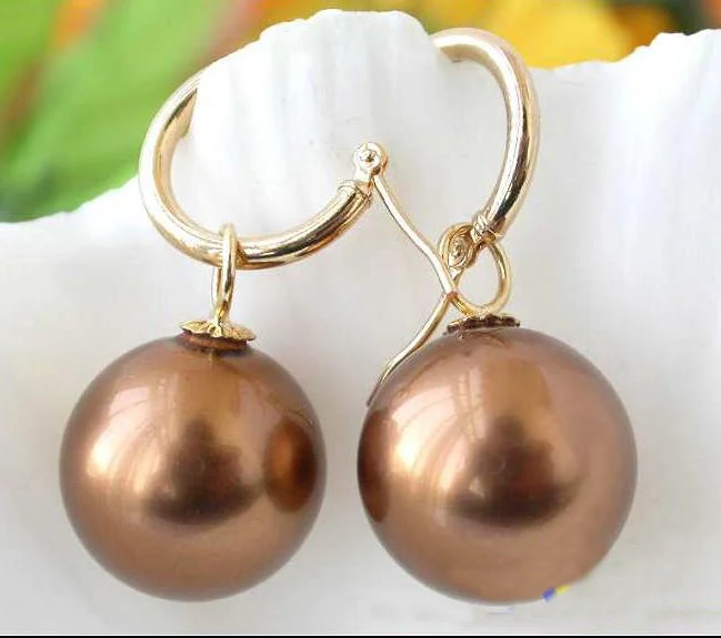 

New Favorite Pearl Jewelry 16mm Coffee Round South Sea Shell Pearl 14k/20 Gold Dangle Earrings Birthday Party For Lady Gift