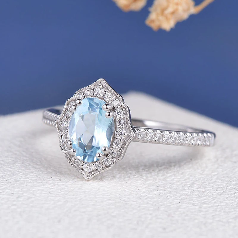 CxsJeremy Aquamarine Oval Cut 5*7mm Moissanite Engagement Ring 14K Au585 White Gold Halo Wedding Band Milgrain Anniversary Gift - Image 2