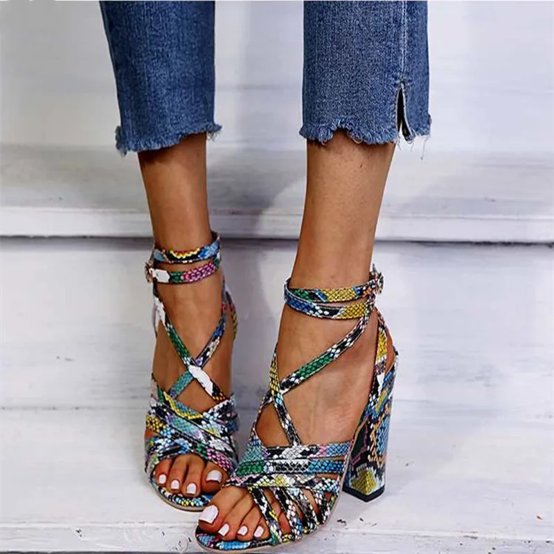 Gladiator Sandals Woman Summer Vintage Snakeskin Women Lace ladies Shoes Peep Open Toe Sandals Pumps Sexy Plus Shoes Size