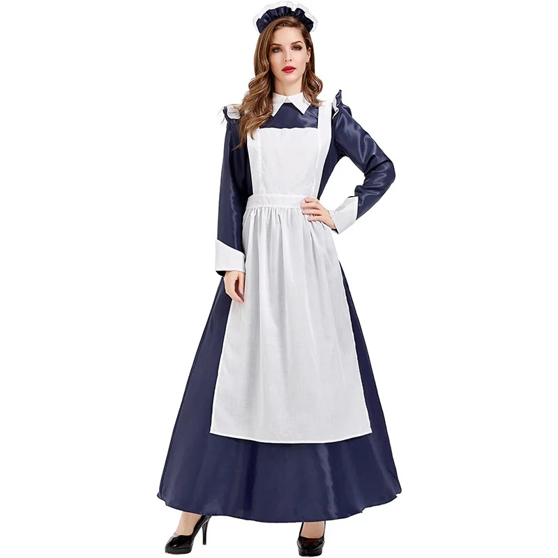 

European classical maid butler uniform dark blue long dress dress bubble sleeve European and American waiter uniform skirt