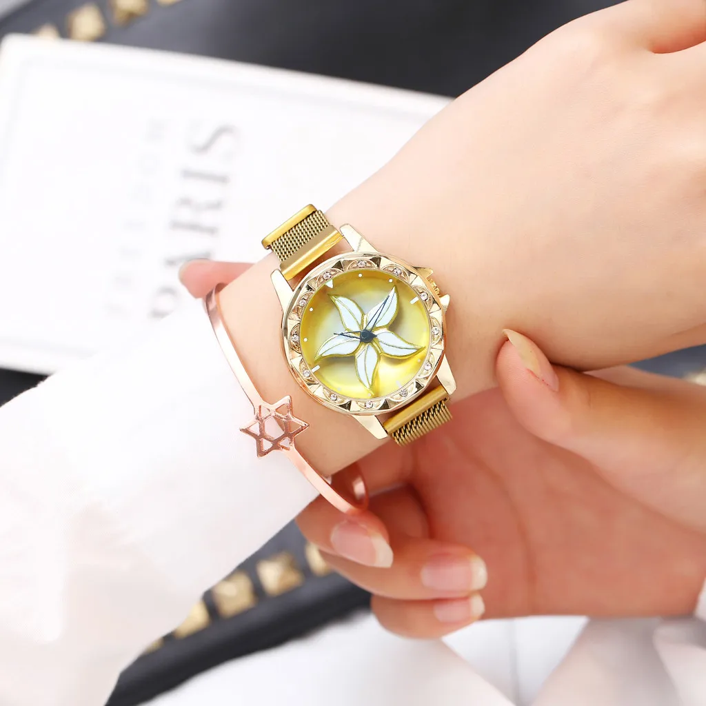Vansvar, женские часы, 360, вращающиеся, счастливый цветок, сетка, магнитная пряжка, часы, роскошные, с бриллиантами, розовое золото, Женские кварцевые наручные часы