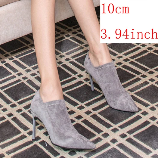 gray 10cm Высококачественные ботинки без застежки; Роскошная Брендовая обувь; женские ботинки на высоком каблуке; черные ботинки с острым носком на шпильке; большие размеры - Цвет: gray 10cm