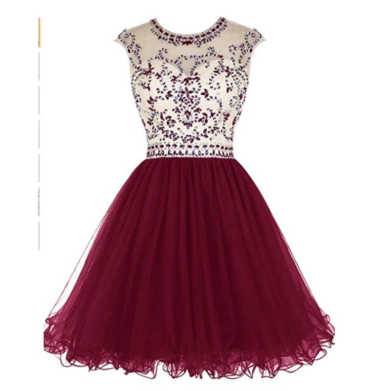 

O-Neck Burgundy Homecoming Dresses Major Beaded Tulle Short Evening Gowns Open-Back Robe De Soiree