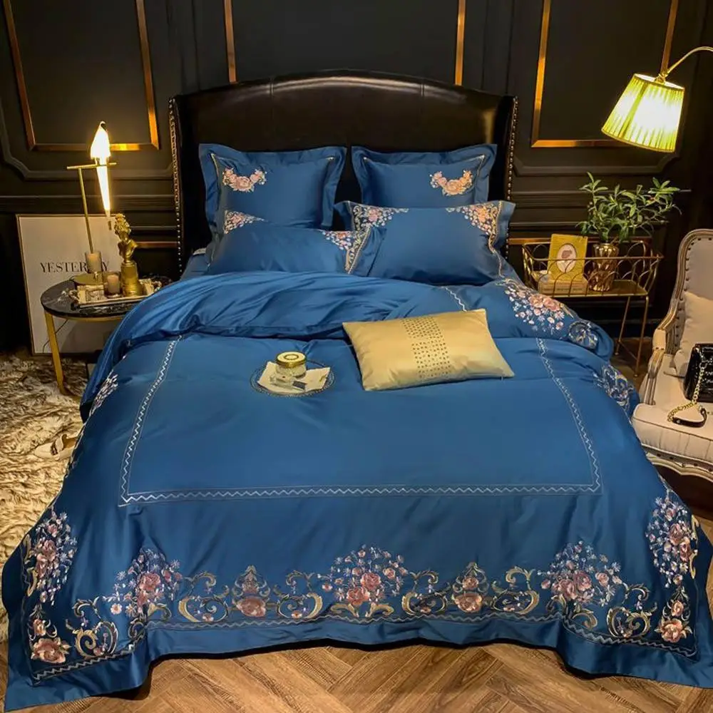 

Dark Blue Egyptian Cotton Bedding Set Embroidery Linens Queen King Size Duvet Cover Fitted Sheet Pillow Shams