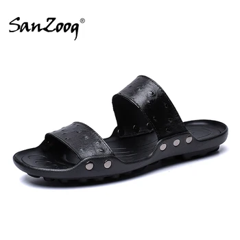 

Summer Men Genuine Leather Slippers Men's Slides Casual Mens Sliders Male Slide Slipper Flat Outside Plus Size 47s