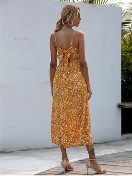 

2020 Hot Floral Spaghetti Strap Dresses for Holiday Beach Dress Bow Decoration Backless Long Dresses for Girls and Ladies