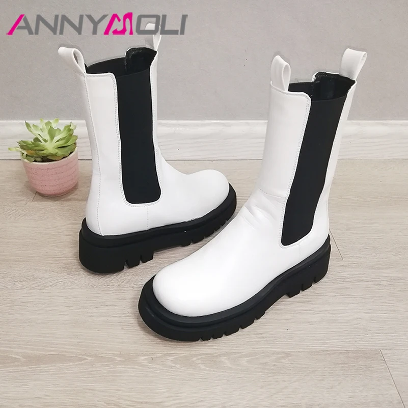 

ANNYMOLI Women Botas Round Toe Platform Block Heels Mid-Calf Boots Woman Fashion Slip-on Chelsea Boots Autumn Winter White 43