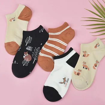 

5Pairs Women Socks Fox Printed Cute Animals Cotton Short Sock Female Casual Funny Socks Spring Summer Sokken