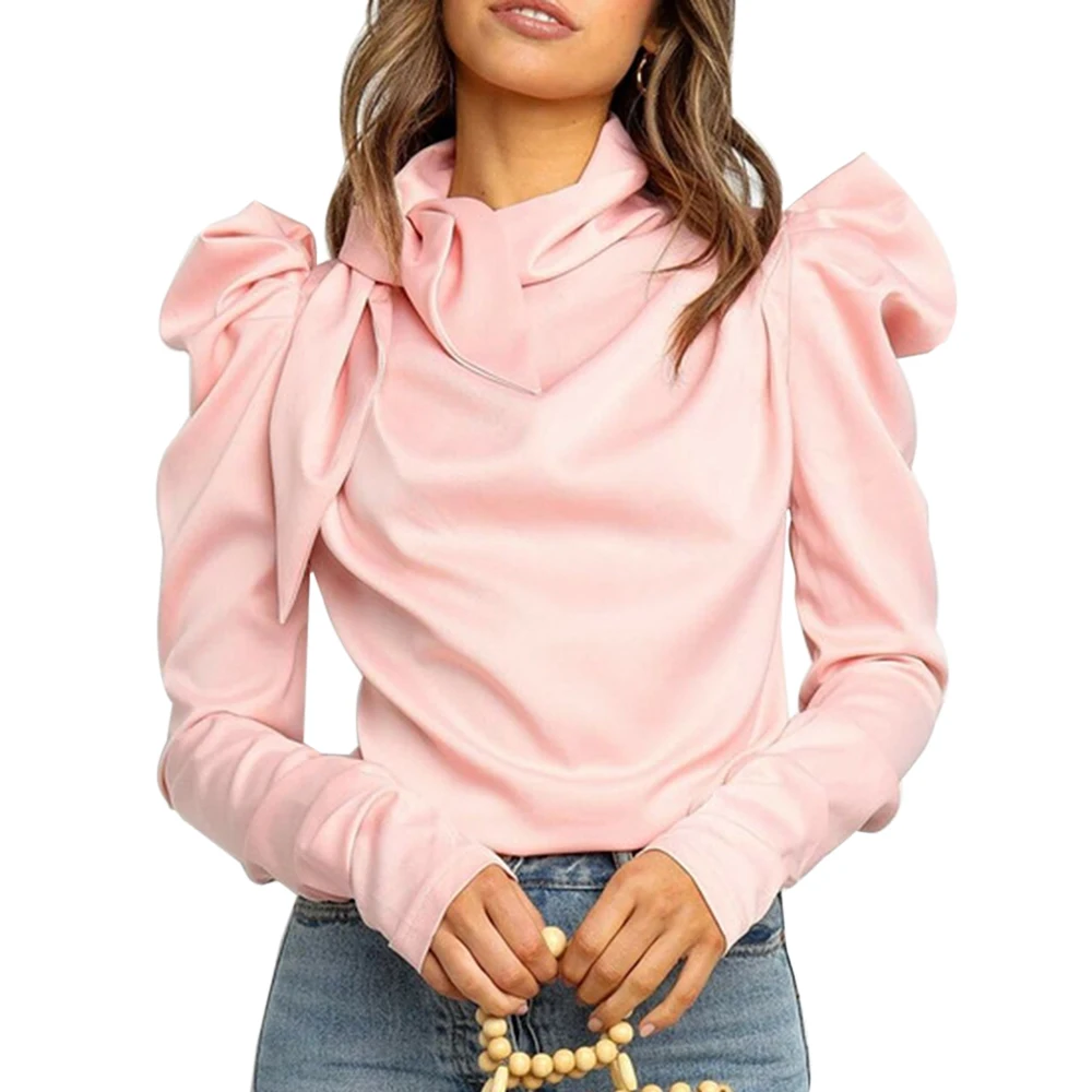 

MoneRffi 2020 Fashion Women's Satin Tops Bow Neck Long Puff Sleeve Outwear Shirt Blouse Pleated Outwear Solid Color Soft Clothes