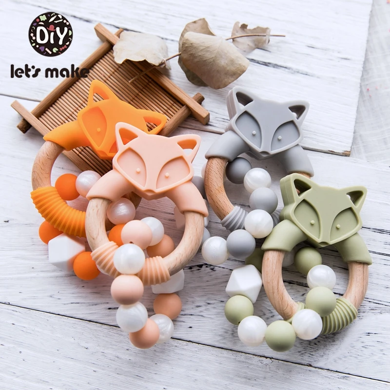 

Let'S Make 1pc Silicone Fox Beech Wooden Teether Ring Wooden Ring 60mm Cute Baby Rattles Teething Toy For Baby Nursing Pendant