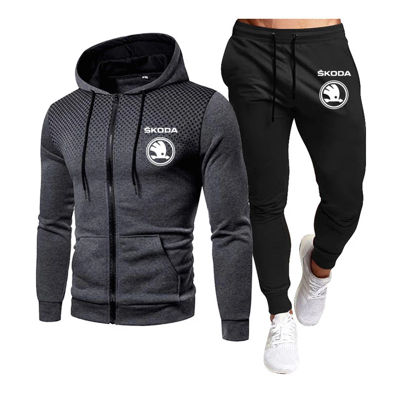 New cotton Men's sportswear sports suit Skoda car logo printing zipper ...