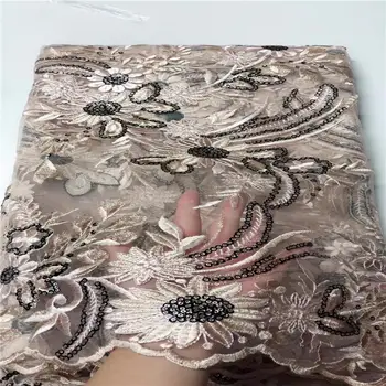 

French Nigerian Tulle Net Lace Fabric High Quality Beige Sequins Embroidery Lace Fabric With Stones African Mesh Lace Fabric
