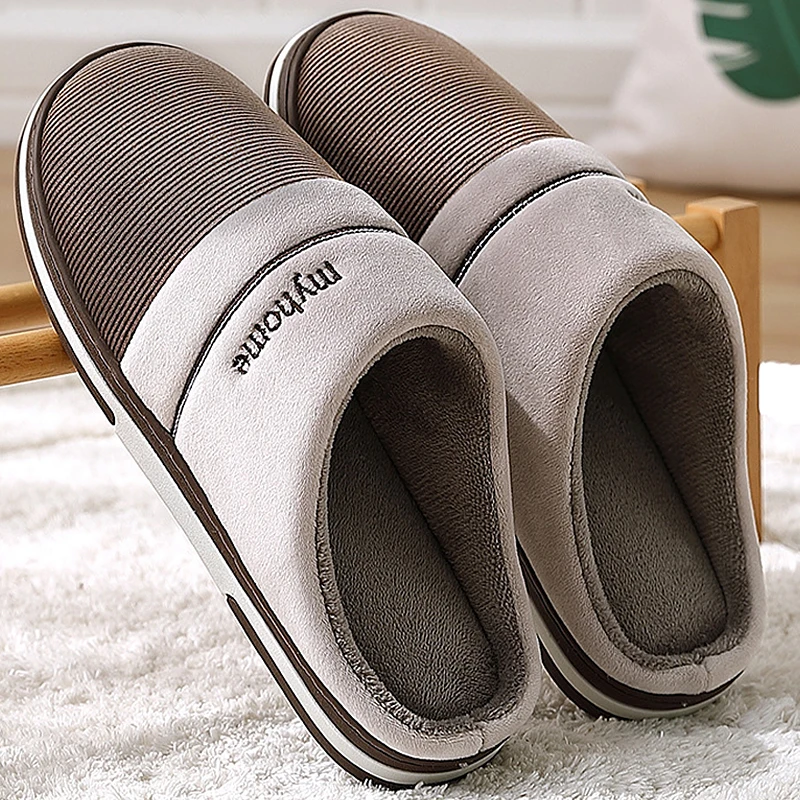 

Large size 46-50 Winter men's slippers Gingham Stripe Suede Adult Indoor slippers Men massage Comfy Plush Home Shoes