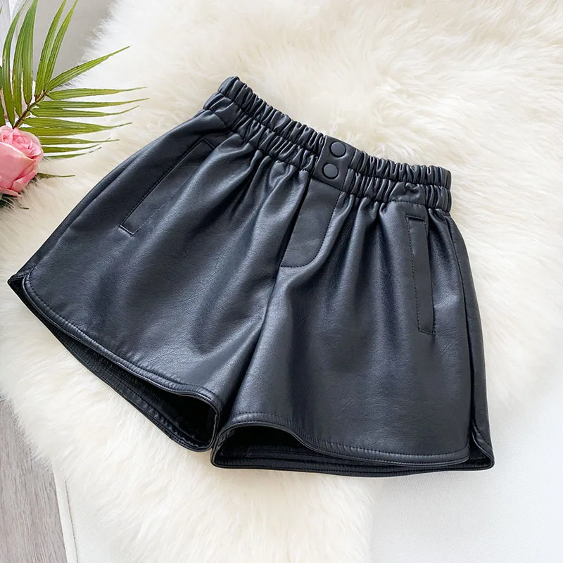 

Wasteheart Black Winter Women Fashion PU Leather Shorts High Waist Woman HotPants Sexy Short Pocket Drawstring Plus Size Button