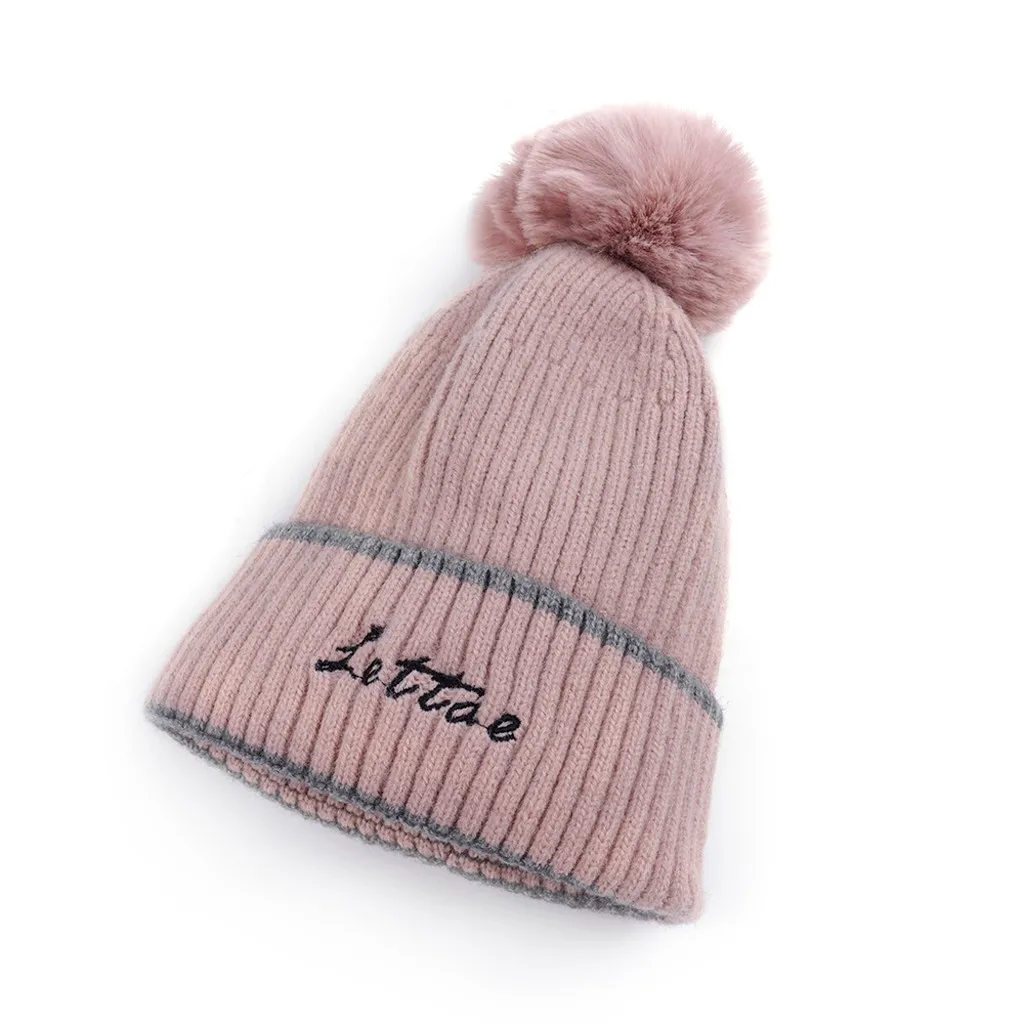 Pink Модные женские туфли однотонные помпоном зимняя Кепки щипцы для завивки волос с надписью Бейсбол Кепки зимняя шапка, теплая зимняя женская обувь, утепленные вязаный шарик Кепки головные уборы skullies - Цвет: Pink