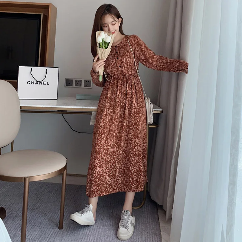 BGTEEVER осеннее винтажное шифоновое женское платье-миди с круглым вырезом, пуговицами и узором в горошек, с длинным рукавом, эластичным поясом, на шнуровке, женское платье