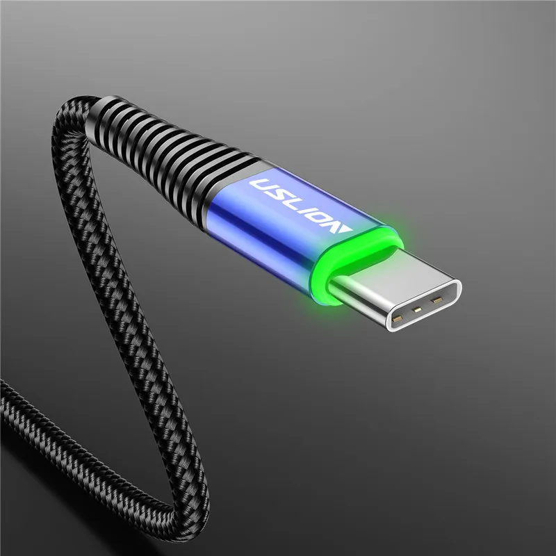 USLION светодиодный кабель 3 А usb type-C, кабель для быстрой зарядки для мобильного телефона samsung Xiaomi huawei type-C, USB-C кабель, шнур для зарядки 2 м - Цвет: Синий