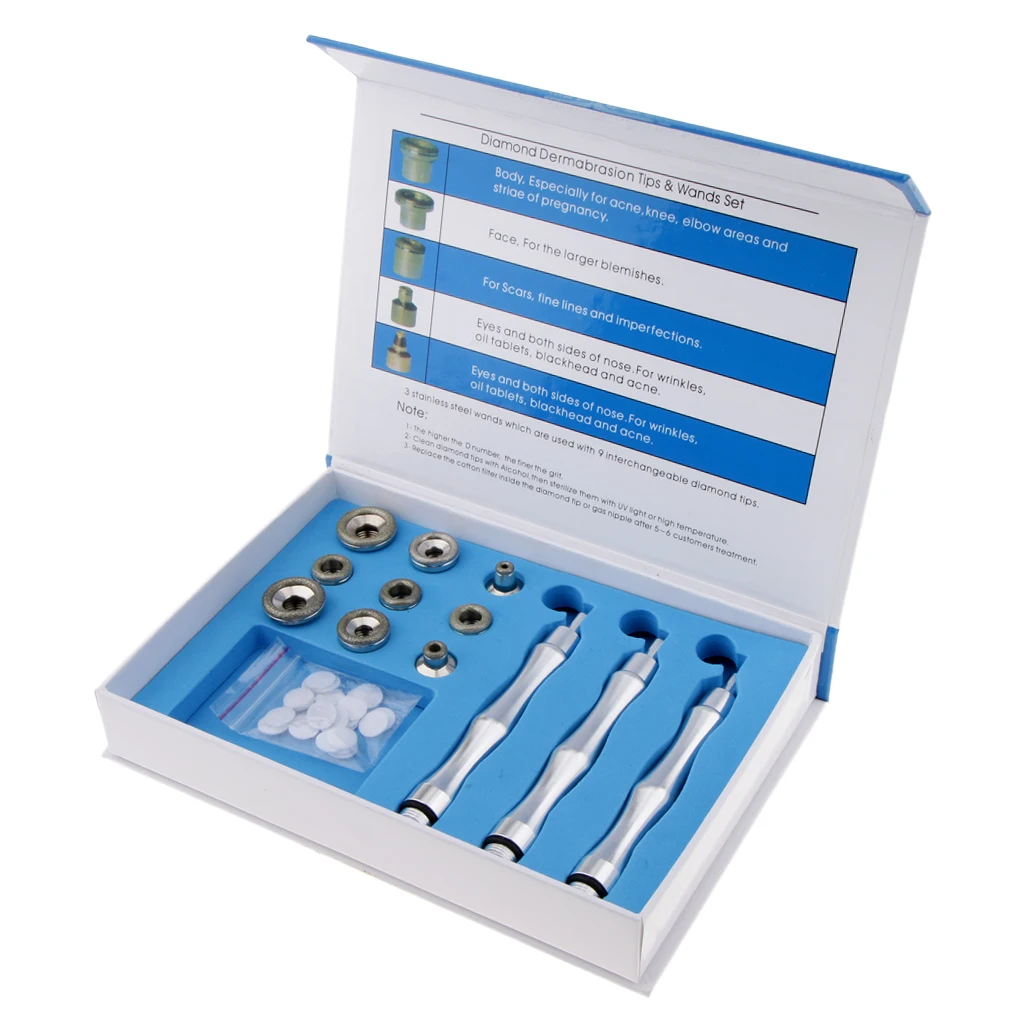 Diamond Wands Cotton Filter Skin Peel Microdermabrasion Facial Care Tool with 9 Tips 3 Wands Diamond Dermabrasion Accessory Tips