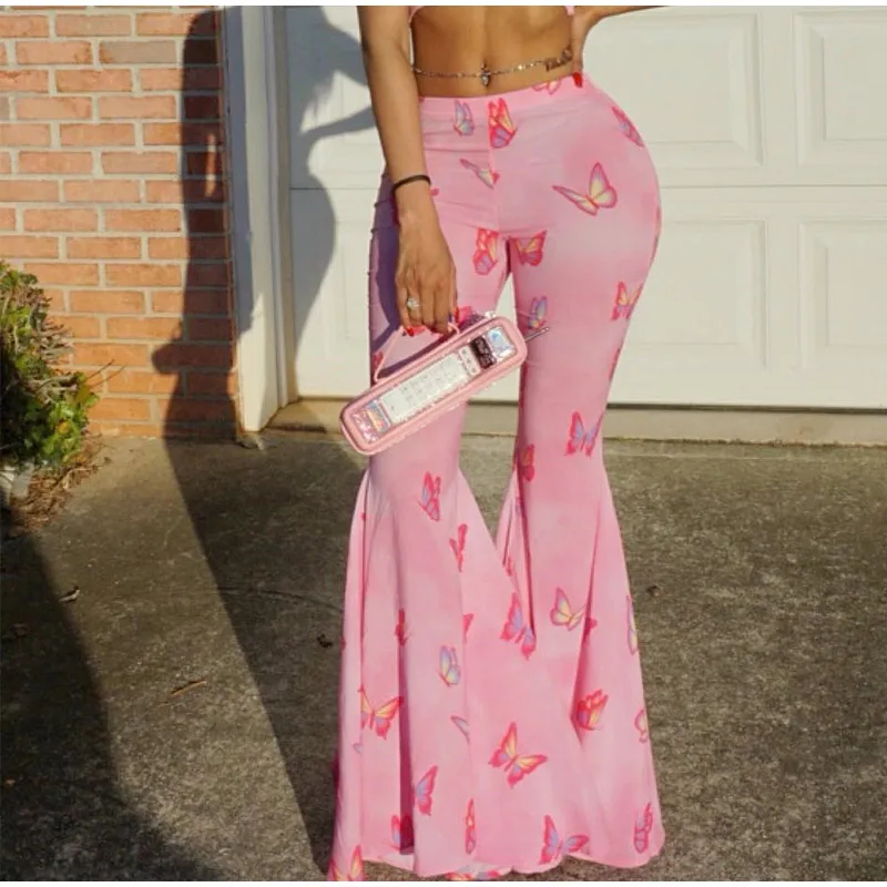 Розовые расклешенные брюки с принтом бабочки женские милые брюки со средней посадкой повседневные брюки для вечеринок женские осенние повседневные штаны Femme
