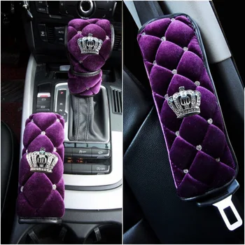 

Bling Diamond Winter Plush Fur Car Handbrake Gear Knob Cover Seat Belt Cover Shoulder Pad Auto Interior Accessories For Women