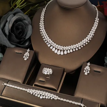 Stunning Big Carat Round CZ Crystal Necklace and Earrings Luxury Bridal Party Jewelry Set For Wedding Evening