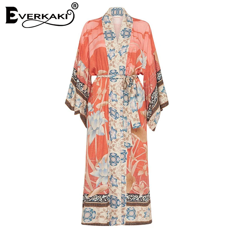 Everkaki Boho пальто-кимоно женское с поясом Цыганский принт свободное женское богемное кимоно женское пальто осень новое