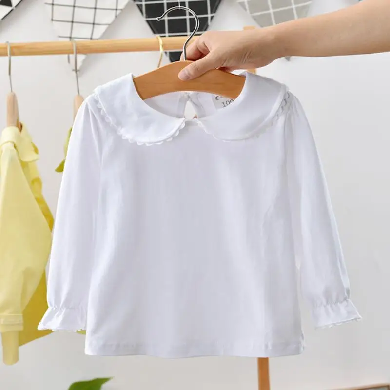 white baby shirts Новинка года; школьные футболки для девочек белая хлопковая футболка с длинными рукавами Блузка для маленьких девочек; Рубашки детские топы; футболки; детская одежда - Цвет: white baby shirts