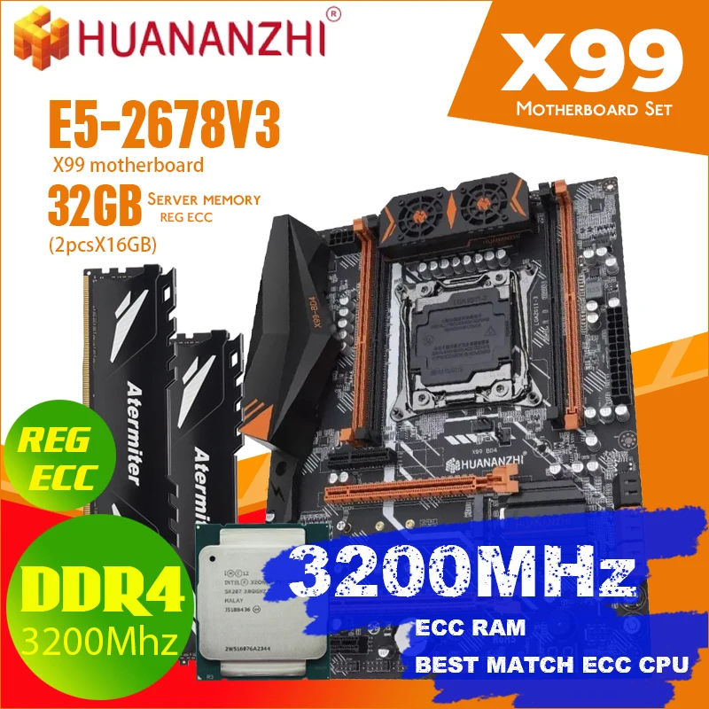 Комплект материнской платы HUANANZHI X99 BD4 DDR4 с процессором Xeon E5 2678 V3 LGA2011 3 2*16 ГБ = 32 Гб PC4