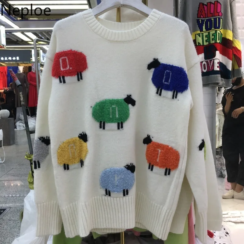 Neploe 2020 Autumn Winter Vintage Loose Knit Pull Femme O Neck Long Sleeve Sheep Pullover 3D Cartoon Thick Sweater Color Match | Женская