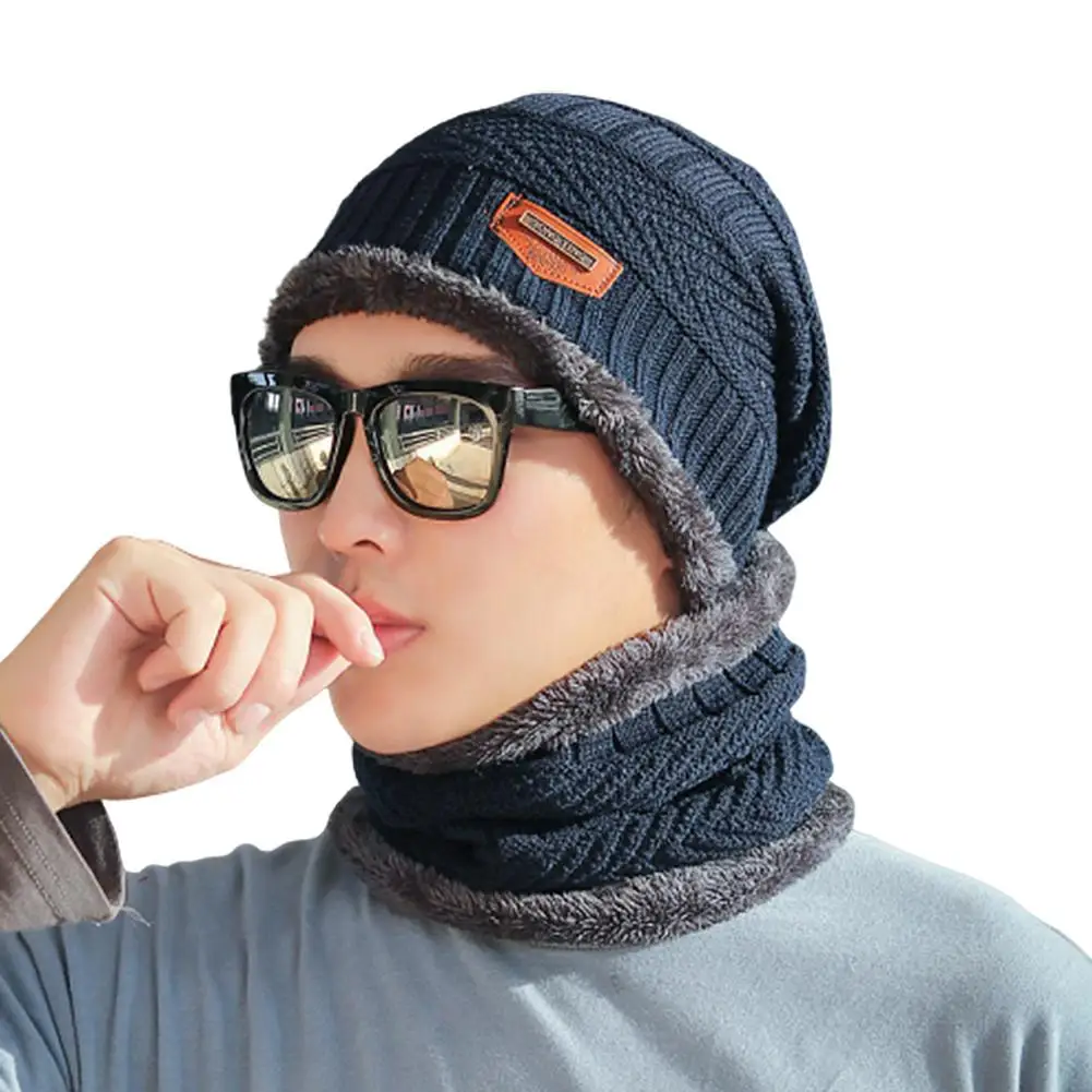 Мужская теплая шапка Skullies, шерстяная шапка, мягкий шарф, комплект из двух предметов, зимние Утепленные шапки, мужские ветрозащитные вязаные шапки, теплые шапки для шеи