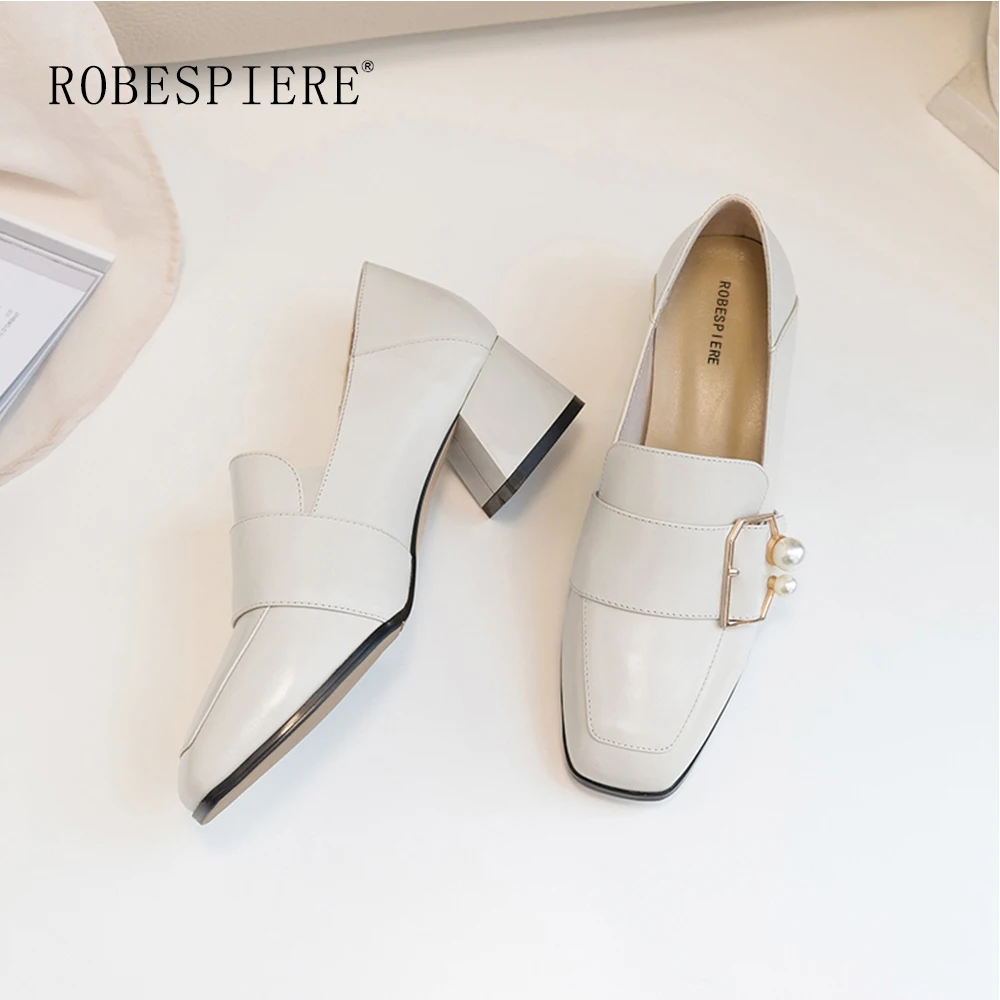 

ROBESPIERE New Casual Slip-On Women Shoes Handmade Cow Leather Square Toe High Heels Ladies Shoes Fashion Buckle Pearl Pumps A12