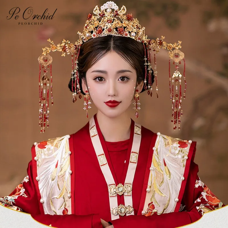 

PEORCHID Classical Wedding Hair Crown Ming Dynasty Hanfu Phoenix Crown Women Girly Cosplay Tassel Headdress Braids Accessories