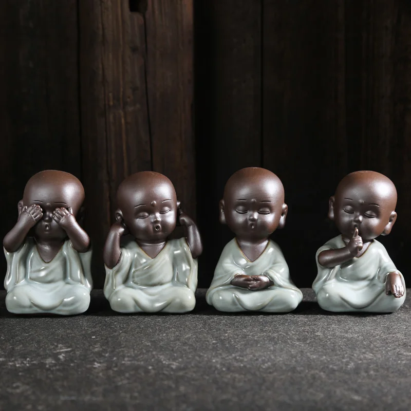 Statuettes De Bouddha Rieur En Céramique - Lot De 4 Couleurs - Petites Figurines Déco Pour Bureau, Maison Ou Aquarium