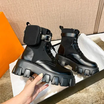 

Fall Winter Black Motorcycle Ankle Boots Wallet Side Pocket for Women Platform Artificial Leather Chunky Block Heel Shoes Ladies